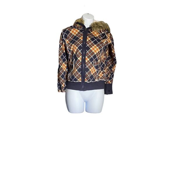 Self Esteem Women's Full Zip Geo Print Fur Hoodie Sweater Yellow/Black Size S - Picture 1 of 3